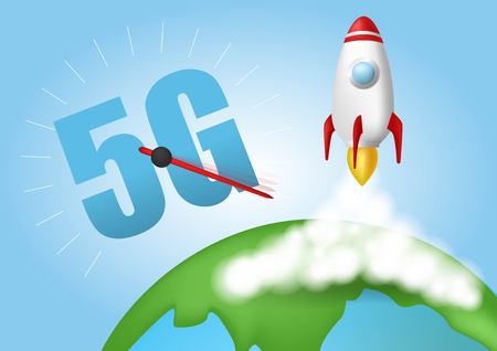 Start up rocket. Smoke clouds. Wireless network speed concept, 5G evolution. Global on blue background.のイラスト素材