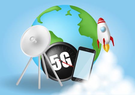 Start up rocket. Smoke clouds. Wireless network speed concept, 5G evolution. Global on blue background.のイラスト素材