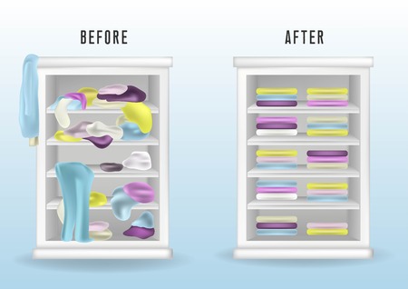 Before untidy and after tidy wardrobe. Messy clothes thrown on a shelf and nicely arranged clothes in piles and boxes. Realistic cleaning concept.のイラスト素材