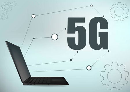 5G technology laptop and gear geometry cross frame line vector futuristic illustration template...
