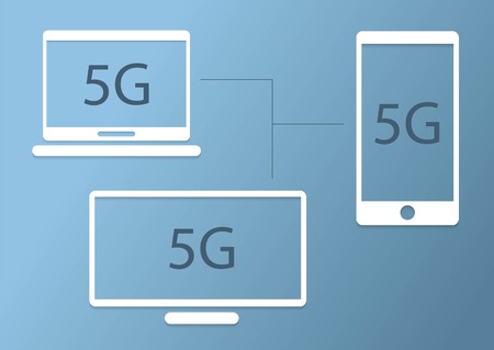 5G internet communication connect smartphone, computer notebook and tablet device. 5G flat logo designのイラスト素材