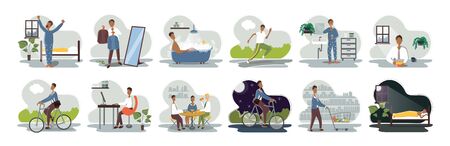 Set of everyday leisure and work activities performing by young man. Bundle of daily life scenes. Girl sleeping, eating, working, doing sports, grocery shopping. Flat cartoon vector illustration.のイラスト素材