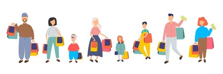 People shopping in mall vector cartoon characters set. Family with children and shopping bags. Collection of people carrying shopping bags with purchases. Men and women taking part in seasonal sale at store, shop, mall. Cartoon characters isolated on white background. Flat vector illustration.のイラスト素材