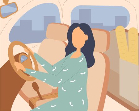 People driving car flat vector illustrations set. Road trip concept. Female shopaholic riding with purchases. Friends in vehicle finding route on map. Elegant lady in automobile.のイラスト素材