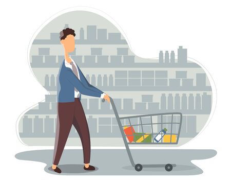 Funny young man with shopping cart buying food at grocery store. Cute boy walking along shelves with products at supermarket. Daily routine, everyday activity.のイラスト素材