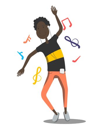 Young african american man is listening to music on phone. Guy with headphones in jeans and sweatshirt browsing song on phone.Geek is looking at mobile phone,listen to music and smiling.Vector illustrationのイラスト素材