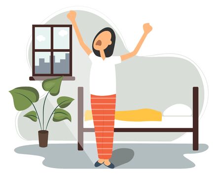 A woman sleeps in bed and wakes up and yawns. The sun shines brightly through the window. Rest in the bedroom and Wake up in the morning. Start of working day, everyday life, daily activity.のイラスト素材