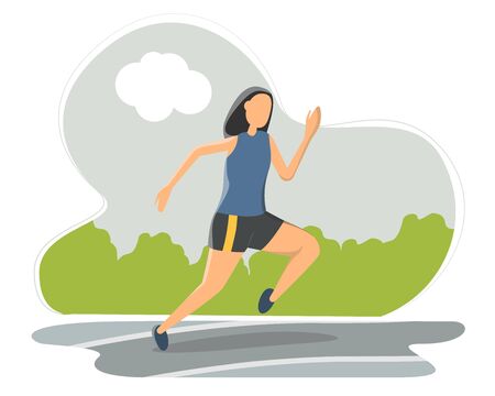 woman jogging outdoors in morning. Cute funny male athlete running along street. Daily fitness training or sports workout.のイラスト素材