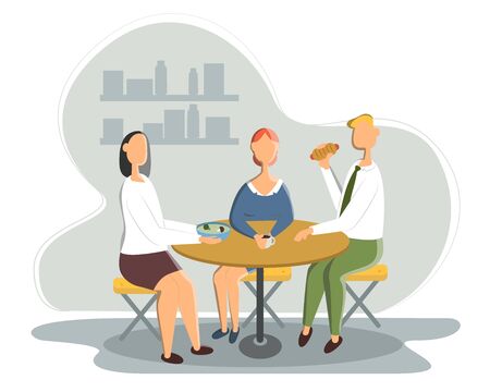 Business Lunch - vector illustration of office situation. Cartoon people characters of young female, male colleagues, partners having rest, talking.のイラスト素材