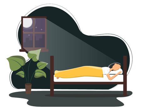 Woman sleeping in his bed. Flat vector illustration on man sleeping peacefully at night in his bedroom. Daily routine, everyday activity.のイラスト素材