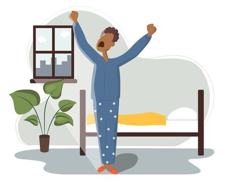 African American sleeps in bed and wakes up and yawns. The sun shines brightly through the window. Rest in the bedroom and Wake up in the morning. Start of working day, everyday life, daily activity. Colorful vector illustration in flat cartoon style.のイラスト素材