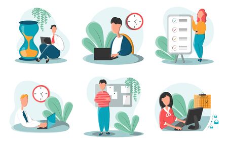 Collection of people successfully organizing their tasks and appointments. Set of scenes with efficient and effective time management and multitasking at work. Flat cartoon vector illustration.のイラスト素材