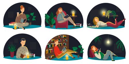 Collection of people reading or students studying and preparing for examination. Set of book lovers, readers, modern literature fans isolated on white background. Flat cartoon vector illustration.のイラスト素材