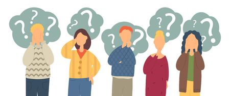 Collection of portraits of thoughtful people. Bundle of smart men and women thinking or solving problem. Set of pensive boys and girls surrounded by thought bubbles. Flat cartoon vector illustration.のイラスト素材