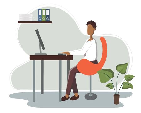 Young African American handsome Businessman is sitting legs crossed typing something on the desktop computer. Business concept office work. Modern vector illustration flat style.のイラスト素材