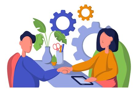 Business Partnership Set Vector. Business Man And Woman. Casual Handshaking. Connection.のイラスト素材