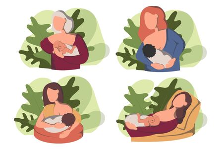 Breastfeeding position. Mother feeds baby with breast. Comfortable pose. Flat design illustration of breastfeeding concept.のイラスト素材