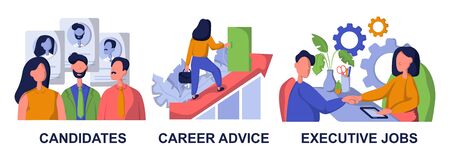 Recruitment and headhunting agency, employment service icons set. Employees hiring. Candidates, career advice, executive jobs metaphors.のイラスト素材