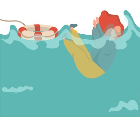 Young woman drowning in water, she cant swim, she is shocked. Girl raising hand up for needing help. She is thrown a life buoy.のイラスト素材