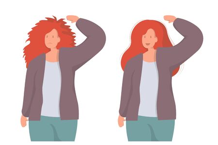 damaged hair of woman. before and after hair care. difference is obvious. comparative, positive and negative emotions. hair is pointed and beautiful long hair. Illustrations for styling and product.のイラスト素材