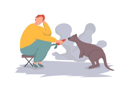 A young volunteer takes care of a kangaroo and feeds a carrot. Social care and charity. Australia donation concept. Flat vector illustration For landing page, ui, web, App intro card, editorial, flyer and banner.のイラスト素材