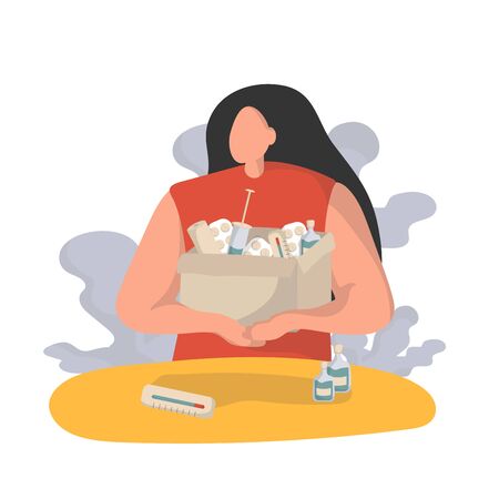 Flat Illustration of a Woman Carrying a Donation Box Full of medication. Care, love and good heart community support poor, homeless and elder persons.のイラスト素材