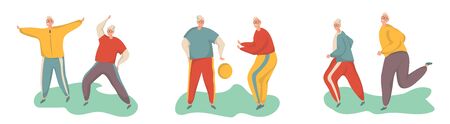 Elderly man doing exercises. Healthy lifestyle, active lifestyle. Sport for grandparents.Holding hands couple.Objects isolated on a white background. Flat vector illustration.のイラスト素材