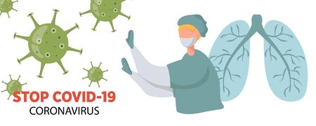 Stop COVID-19 coronavirus outbreak vector illustration. COVID-19 design concept background. The doctor saves the patient s lungs and stops the coronavirus.のイラスト素材