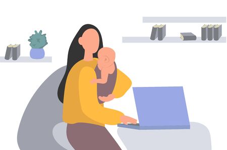 A vector illustration of a mother working on a laptop while holding a baby. Work at home.のイラスト素材