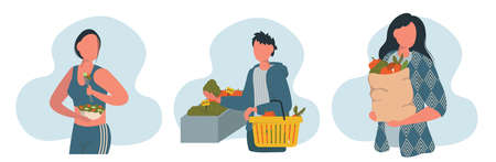 Collection with tiny men and women Characters with Ripe Fruits and Vegetables, Vegetarian Diet, Healthy Fortified Nutrition Superfood Poster Banner Flyer Brochure. Flat Vector Illustration.のイラスト素材
