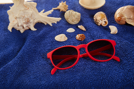 Glasses and seashells on a blue towel.の写真素材