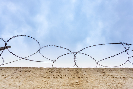 Concrete wall with barbed wire on a background of a peaceful blue sky.の写真素材