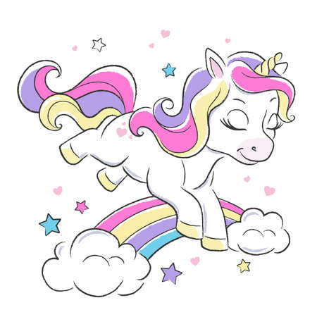 Art. Funny unicorn jumps over a rainbow. Fashion illustration drawing in modern style for clothes. Cute unicorn.のイラスト素材