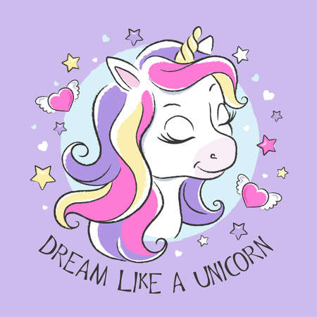 Art. Cute unicorn. Little dreamer. Fashion illustration print in modern style for clothes or fabrics and books. Dream like a unicorn.のイラスト素材