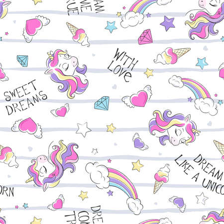Art. Seamless unicorn pattern on a white background. Fashion illustration print in modern style for clothes or fabrics.のイラスト素材