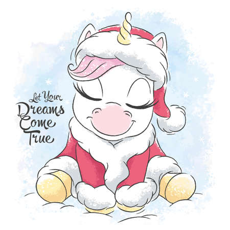 Cute santa unicorn. New Year and Christmas illustration. Fashion illustration drawing in modern style for clothesのイラスト素材