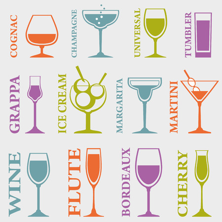 Set of Alcohol Drinks icons. Tumblers set for alcohol drinks, cocktails and ice cream. Vector illustrationの写真素材