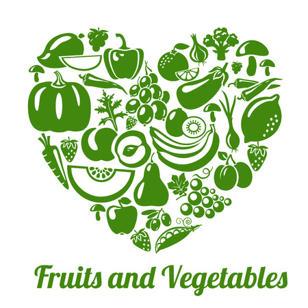 Organic food concept. Heart shape with organic vegetables and fruits icons. Vector illustrationのイラスト素材