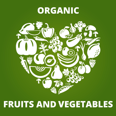 Organic food concept. Heart shape with organic vegetables and fruits icons. Vector illustrationのイラスト素材