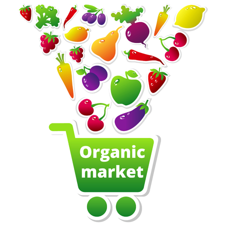 Organic fruits and vegetables falling into the shopping cart. Vector illustration. Organic marketのイラスト素材