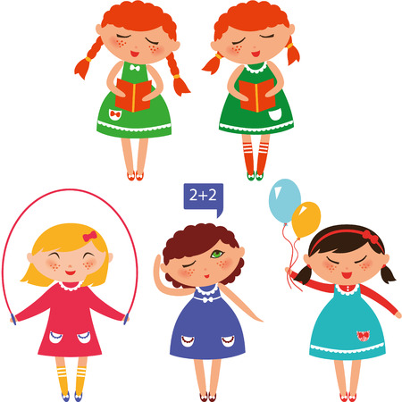 Cute schoolgirls reading, jumping, counting and having fun.のイラスト素材