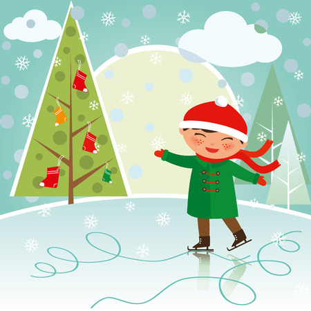 Cute boy skating on the rink, smiling and having fun.のイラスト素材