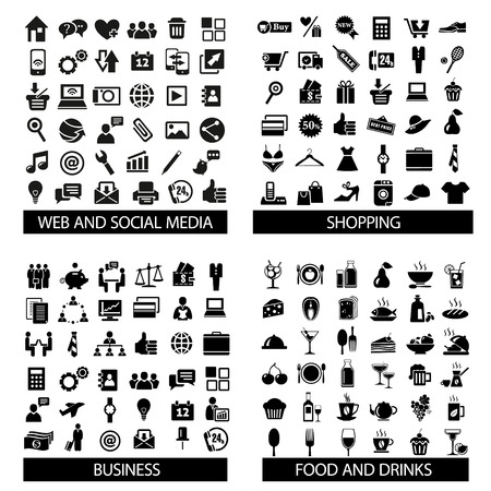 Big set of quality icons. Social Media icons, Web icons, Food Drinks icons, Shopping, Business, Mobile, Travel, Camping. Vector illustration Big set of quality icons. Social Media icons, Web icons, Food Drinks icons, Shopping, Business, Mobile, Travel, Camping. Vector illustration