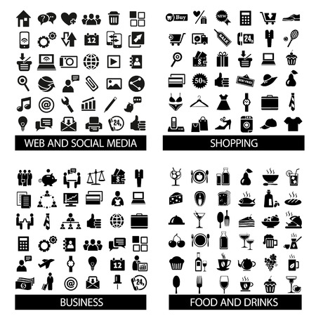 Big set of quality icons. Social Media icons, Web icons, Food Drinks icons, Shopping, Business, Mobile, Travel, Camping. Vector illustration