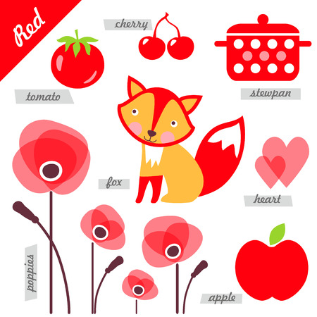 set of images as examples of red color, for kids, educational purposes, illustrations, pageのイラスト素材