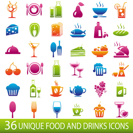 Set of 36 food and drinks icons.のイラスト素材