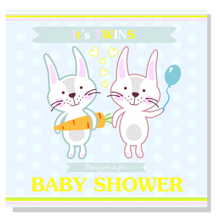 Baby shower invitation card with twins bunnies.のイラスト素材