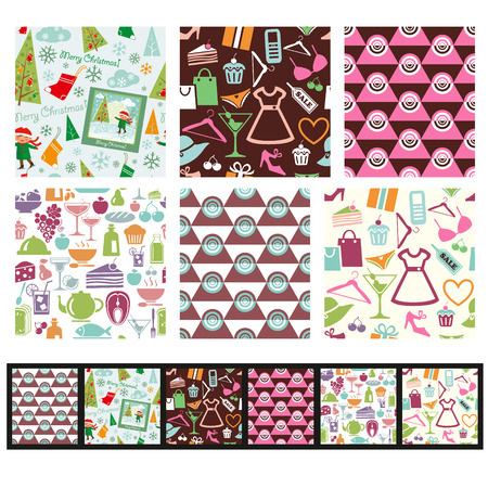 Set of shopping, Christmas, food and abstract seamless patterns. Use as fills for digital paper, scrap booking projects or print onto fabric for unique home furnishings.のイラスト素材