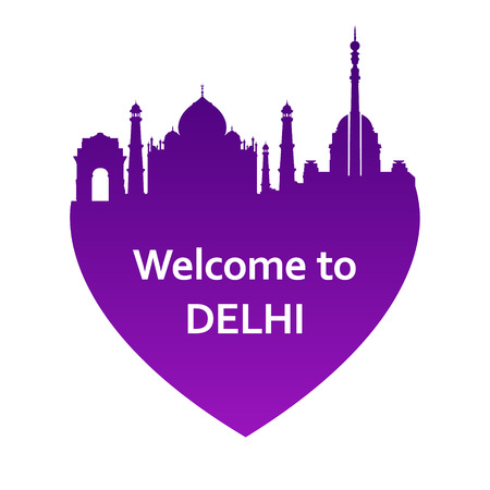 Vector illustration of Delhi skyline in heart shape. Welcome to Delhiのイラスト素材