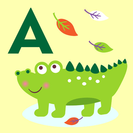 Cute animal alphabet for ABC book. Vector illustration of cartoon animals. Cute cartoon alligator for A letterのイラスト素材